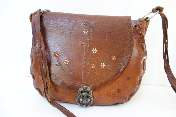 70s Tooled Brown Leather Bag, Vintage Tooled Leath