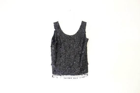 1950s Black Beaded Sequin Top,60s Sleeveless Bead… - image 1