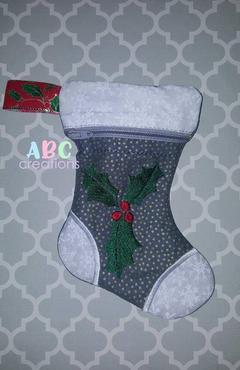 Mistletoe Lined Zipper Stocking, Christmas Stocking, Zipper Bag Embroidery Zipper Bag, ITH, Digital File, Embroidery Design image 1
