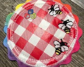 Bee, Bee Coaster, Bumble Bee, Hornet, Picnic Coaster, Mothers Day, In The Hoop Machine Designs, ITH, Digital File, Embroidery Design