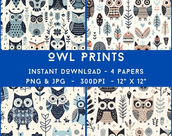 Owl Print Digital Papers - 4 Different Patterns