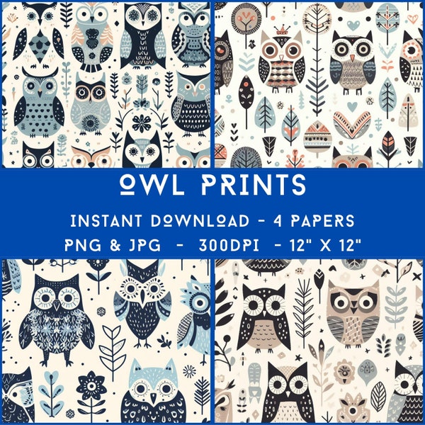 Owl Print Digital Papers - 4 Different Patterns