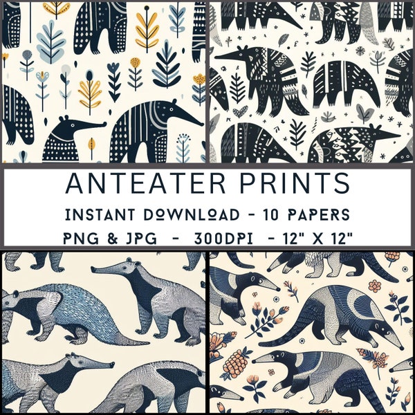 Scandinavian-Inspired Anteaters Digital Print: Whimsical Nordic Charm Meets Playful Wildlife - 10 Different Patterns