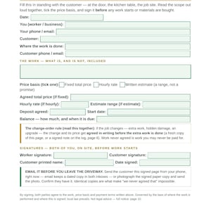 Peut inclure: Un document blanc intitul&eacute; Work Agreement & Quote avec des champs pour les d&eacute;tails du travailleur et du client, la port&eacute;e des travaux, la base de prix et les signatures. Il inclut des instructions, une r&egrave;gle de modification et un rappel.