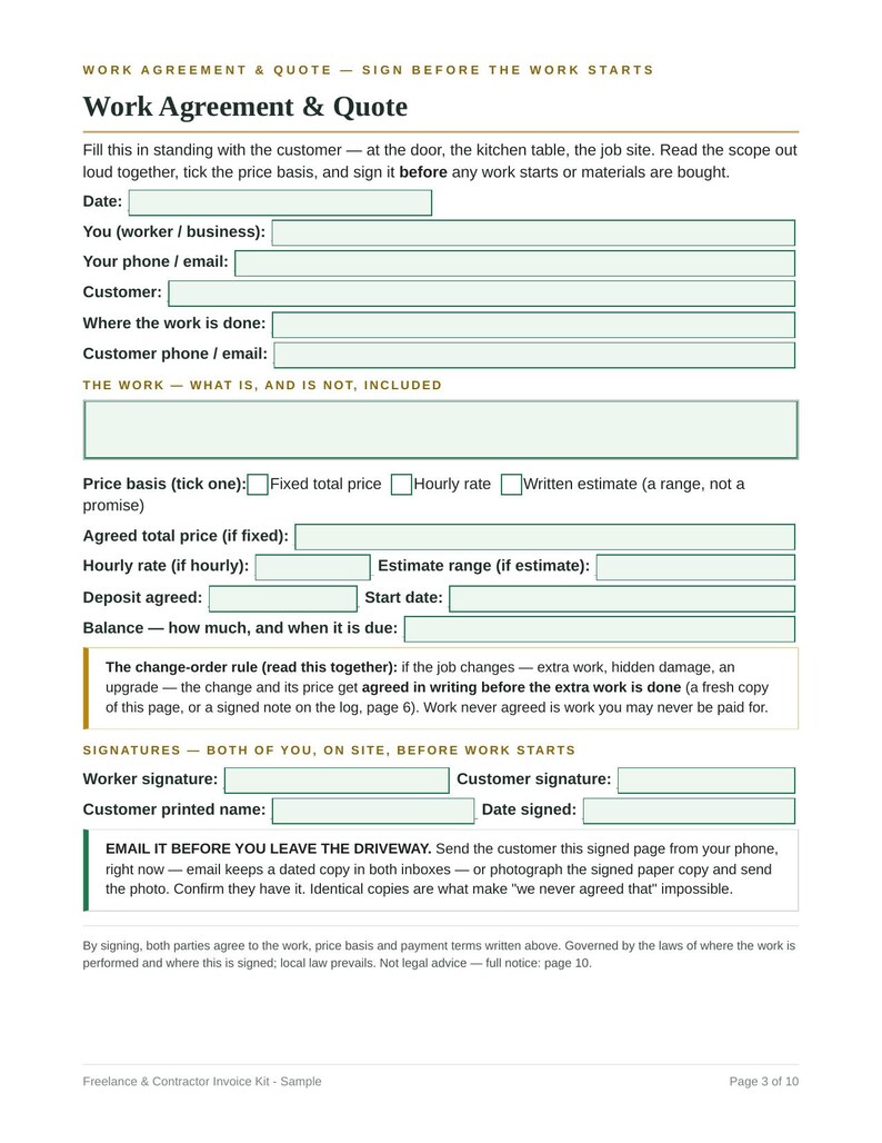 Peut inclure: Un document blanc intitul&eacute; Work Agreement & Quote avec des champs pour les d&eacute;tails du travailleur et du client, la port&eacute;e des travaux, la base de prix et les signatures. Il inclut des instructions, une r&egrave;gle de modification et un rappel.
