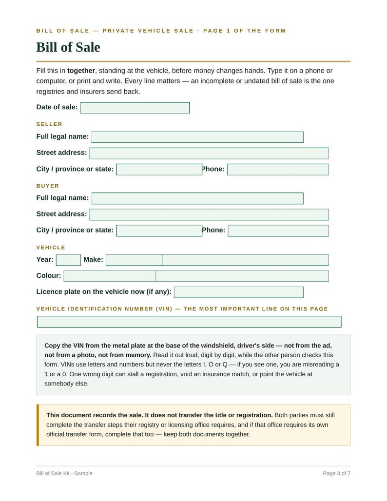Bill of Sale Template | Printable Vehicle Bill of Sale, Car Bill of Sale As-Is, Fillable PDF, ATV Trailer Motorcycle, Private Sale, VIN image 3