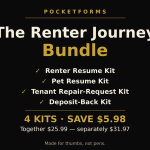 Renter Bundle | Pet Resume, Renter Resume, Tenant Repair Letters, Deposit-Back Kit - 4 Renter Kits, Fillable PDF + Phone, Save 5.98