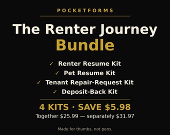 Renter Bundle | Pet Resume, Renter Resume, Tenant Repair Letters, Deposit-Back Kit - 4 Renter Kits, Fillable PDF + Phone, Save 5.98