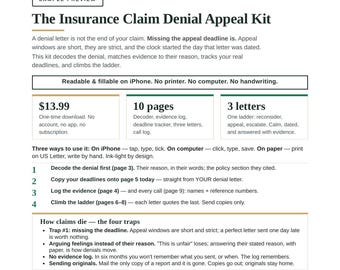 Insurance Appeal Letter Kit | Appeal a Denied Insurance Claim, Claim Denial Appeal Letters, Evidence + Deadline Tracker, Fillable PDF