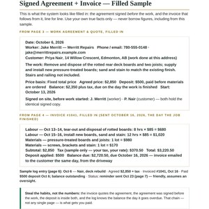 Peut inclure: Un document intitul&eacute; Signed Agreement + Invoice &mdash; Filled Sample, contenant du texte sur un projet de r&eacute;paration de terrasse pour la cliente Priya Nair par l'ouvrier Jake Merritt, incluant dates, co&ucirc;ts de main-d'&oelig;uvre et totaux.