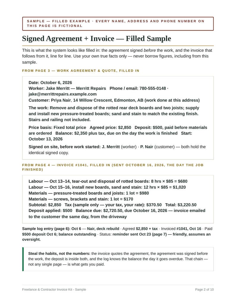 Peut inclure: Un document intitul&eacute; Signed Agreement + Invoice &mdash; Filled Sample, contenant du texte sur un projet de r&eacute;paration de terrasse pour la cliente Priya Nair par l'ouvrier Jake Merritt, incluant dates, co&ucirc;ts de main-d'&oelig;uvre et totaux.