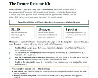 Renter Resume Kit | Rental Application Packet, Tenant Application Template, Tenant Profile, Renter Profile + References, Printable