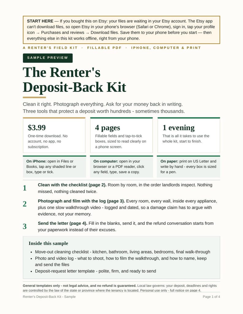 Move Out Checklist for Renters | Security Deposit Return Letter, Get Your Deposit Back, End of Lease Cleaning Checklist, Photo Log image 1
