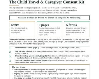 Child Travel Consent Kit | Minor Travel Consent Letter, Permission Letter to Travel With Child, Caregiver Medical Consent, Notary Ready