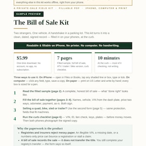 Bill of Sale Template | Printable Vehicle Bill of Sale, Car Bill of Sale As-Is, Fillable PDF, ATV Trailer Motorcycle, Private Sale, VIN