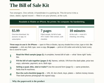 Bill of Sale Template | Printable Vehicle Bill of Sale, Car Bill of Sale As-Is, Fillable PDF, ATV Trailer Motorcycle, Private Sale, VIN