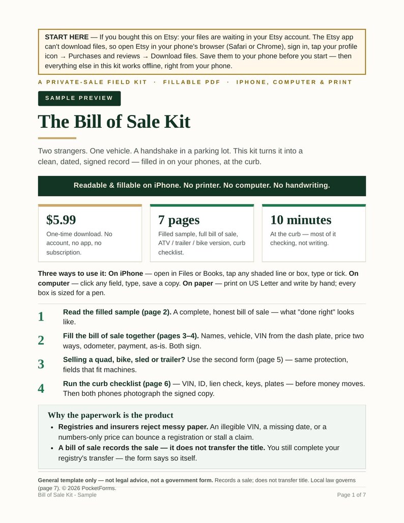 Bill of Sale Template | Printable Vehicle Bill of Sale, Car Bill of Sale As-Is, Fillable PDF, ATV Trailer Motorcycle, Private Sale, VIN image 1