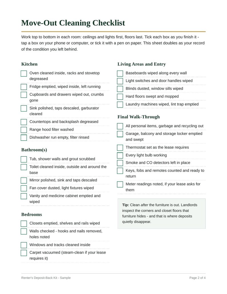 Move Out Checklist for Renters | Security Deposit Return Letter, Get Your Deposit Back, End of Lease Cleaning Checklist, Photo Log image 3