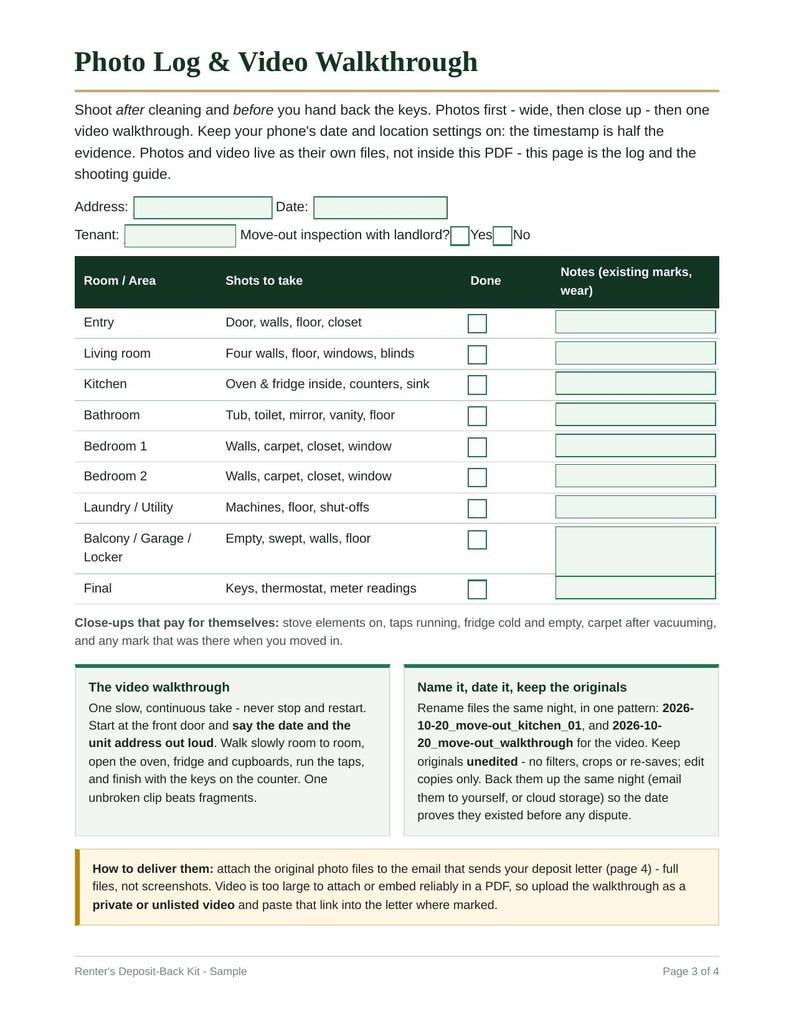 Move Out Checklist for Renters | Security Deposit Return Letter, Get Your Deposit Back, End of Lease Cleaning Checklist, Photo Log image 4