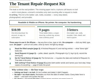 Tenant Repair Request Kit | Repair Request Letter to Landlord, Maintenance Request + Complaint Letters, Repair Log, Photo Log, Fillable