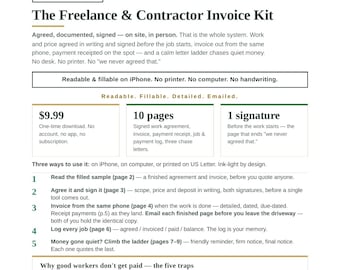 Freelance Invoice Kit | Freelance Invoice Template, Contractor Invoice, Small Business Invoice, Work Agreement, Receipt, Fillable PDF