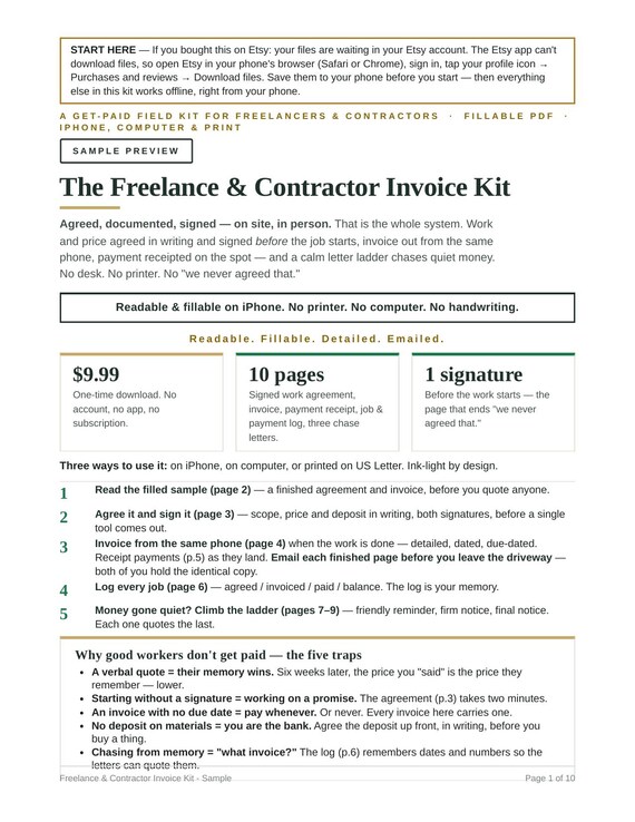 Freelance Invoice Kit | Contractor Invoice Template, Signed Work Agreement, Payment Receipt, Late Payment Letters, Fillable PDF
