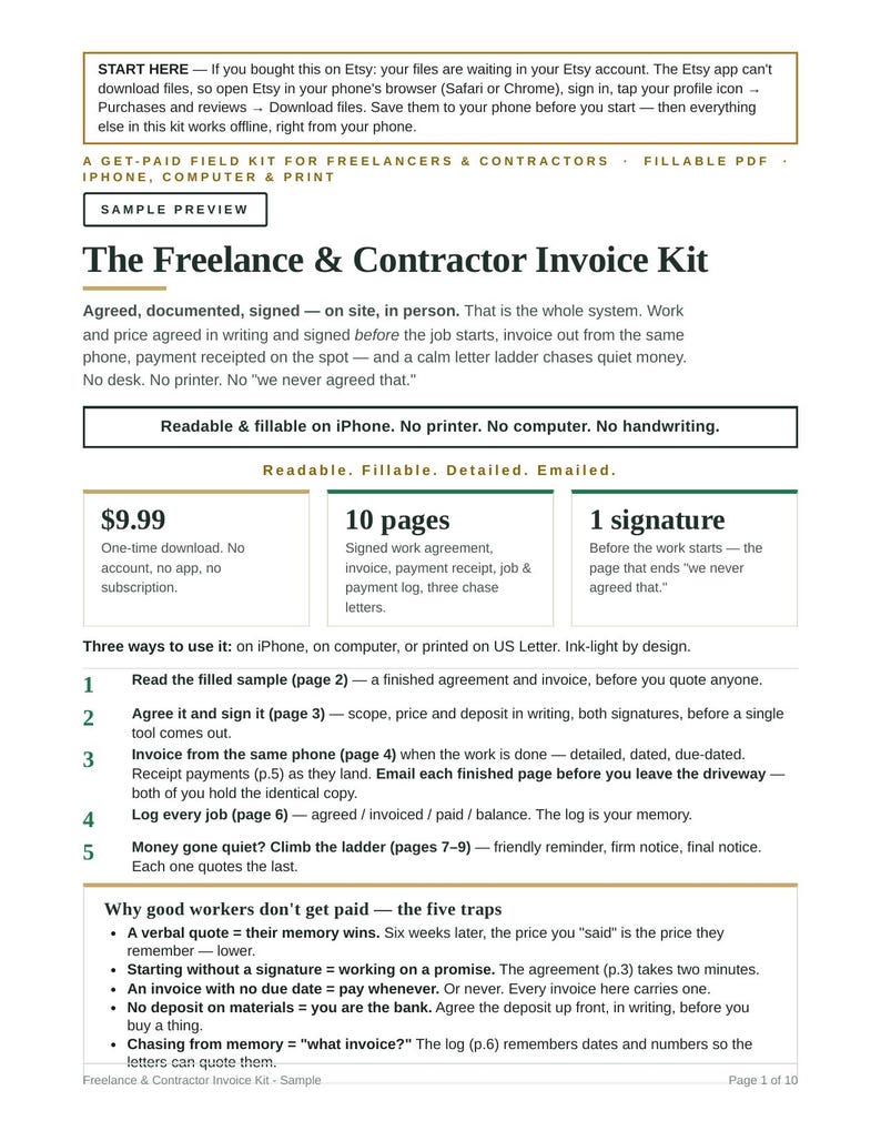 Peut inclure: Un document num&eacute;rique intitul&eacute; The Freelance & Contractor Invoice Kit, pr&eacute;sentant une mise en page PDF remplissable de 10 pages. Le texte d&eacute;crit les instructions d'utilisation sur iPhone, ordinateur ou impression, incluant des sections sur les contrats, factures et journaux de paiement.