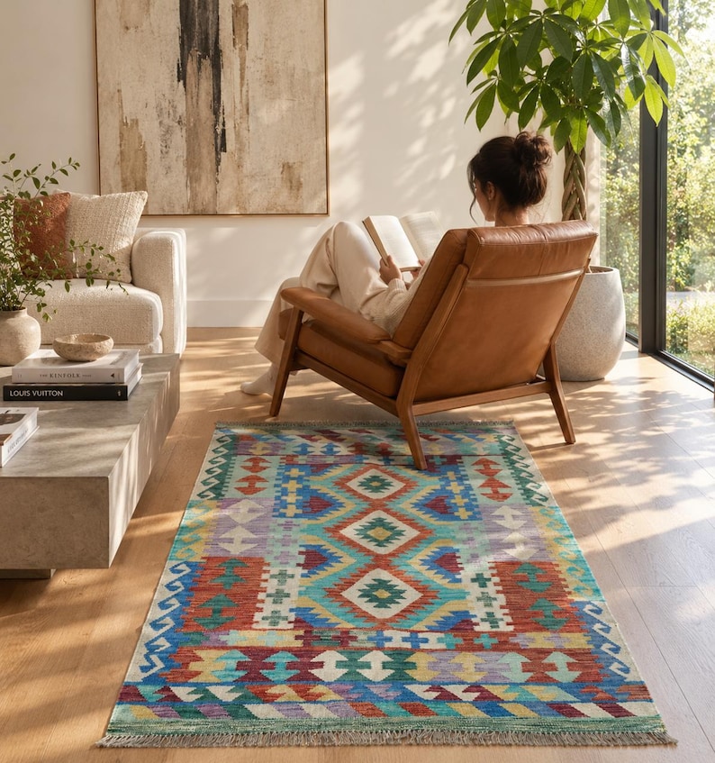 162 X 123 Cm Vegetable Dyed Wool Kilim Area Rug, Handmade Reversible ...