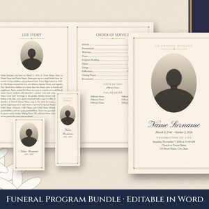 May include: A funeral program bundle featuring a cream-colored cardstock with dark brown text and borders. The set includes a folded program, a prayer card, and a bookmark, each displaying an oval photo placeholder and the text In Loving Memory.