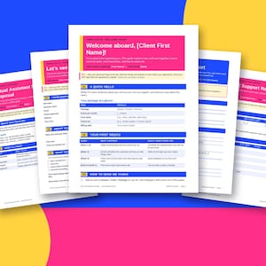 Pacchetto di onboarding per clienti assistenti virtuali / 15 modelli VA modificabili / SOP, modulo di acquisizione dati, proposta, guida di benvenuto / Word e Google Docs
