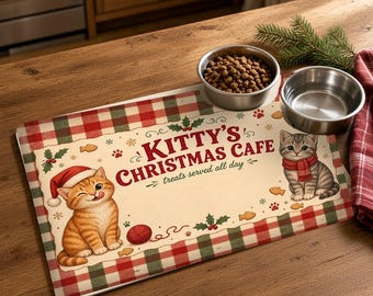 Weihnachtliche Futtermatte für Katzen, Kitty's Christmas Cafe Futtermatte (30 x 45 cm), niedliche Futternapf-Unterlage, Weihnachtsgeschenk für Katzenmütter, festliche Katzendekoration