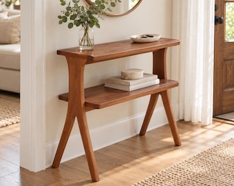 Small Brown Console Table with Shelf, 25.2-Inch Compact Entryway Accent