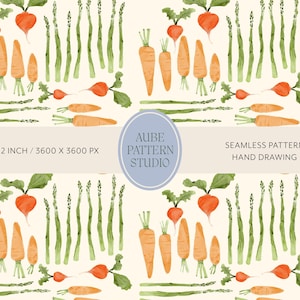 Vegetable Garden Seamless Pattern Cream Kitchen Fabric Design Carrot Radish Asparagus Row Repeat Print Tea Towel Apron Commercial Use