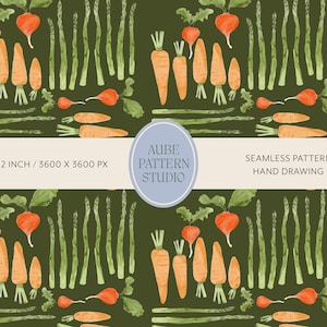 Olive Green Vegetable Seamless Pattern Dark Kitchen Fabric Design Carrot Asparagus Row Repeat Print Tea Towel Apron Commercial Use