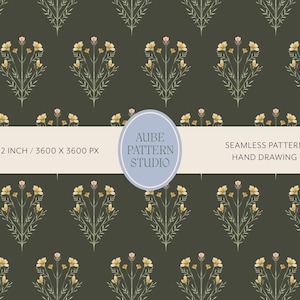 Peut inclure: Un motif répétitif composé de fleurs sauvages dessinées à la main en jaune et rose sur un fond vert olive foncé. Une bande horizontale centrale affiche le texte AUBE PATTERN STUDIO, 12 X 12 INCH / 3600 X 3600 PX, SEAMLESS PATTERN HAND DRAWING.