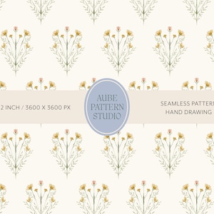 Peut inclure: Un motif sans couture de fleurs sauvages jaunes et roses dessinées à la main sur fond crème. Un ovale bleu central contient le texte AUBE PATTERN STUDIO, avec 12 X 12 INCH / 3600 X 3600 PX et SEAMLESS PATTERN HAND DRAWING.