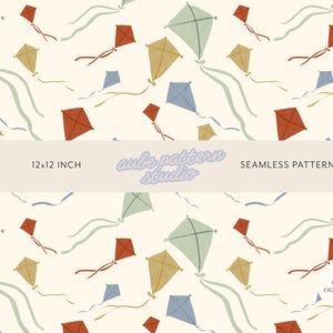 Peut inclure: Un motif sans couture représentant divers cerfs-volants dans des tons de rouge, bleu, vert et or sur un fond crème. Le design inclut le texte 12x12 INCH, aube pattern studio, SEAMLESS PATTERN et NON EXCLUSIVE imprimé au centre.