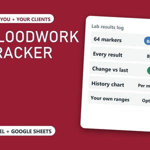Blutwerte-Tracker-Tabelle, Laborergebnisprotokoll, Bluttest-Tracker, Biomarker-Protokoll für Gesundheitscoaches und Klienten, Google Sheets Excel