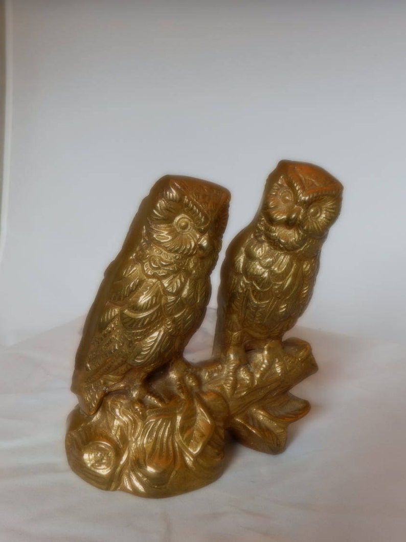 Vintage SOLID BRASS OWLS On A Log Nocturnal Brass Log Saltofmotherearth Office D\u00e9cor Brass Collectible Night Owl
