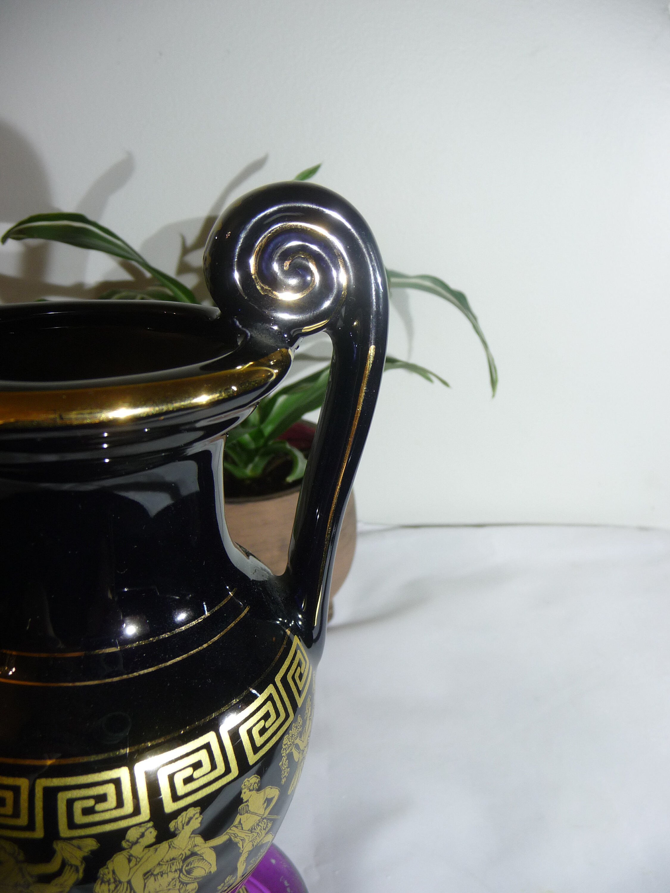 Vintage GREEK VASE 24K Gold Greek Scene Two Curled Handles Etsy