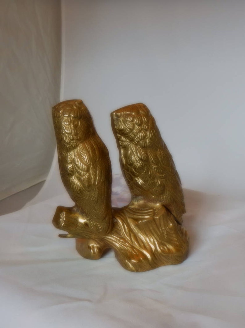 Vintage SOLID BRASS OWLS On A Log Nocturnal Brass Log Saltofmotherearth Office D\u00e9cor Brass Collectible Night Owl