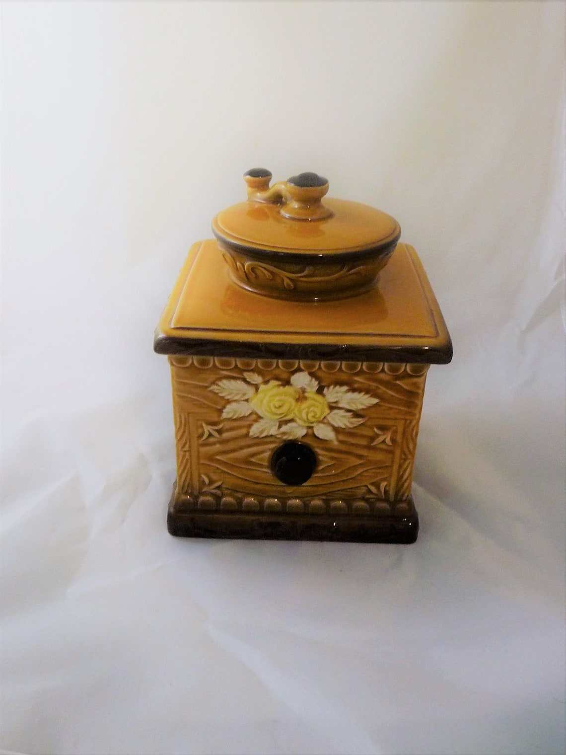 Vintage COFFEE GRINDER COOKIE Jar Yellow Flowers 3D Flowers Etsy