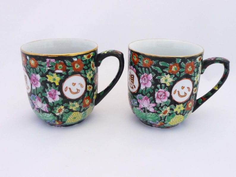 Saltofmotherearth Flowered Mug Happy Face Vintage COFFEE MUGS With Cloisonne Design Floral Design Colorful Cup