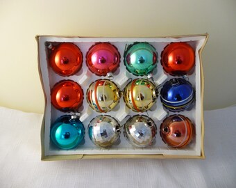 Vintage Christmas Tree Ornaments, Round Multi-Colored Ornaments, Some With Stripes, Glass Tree Ornaments