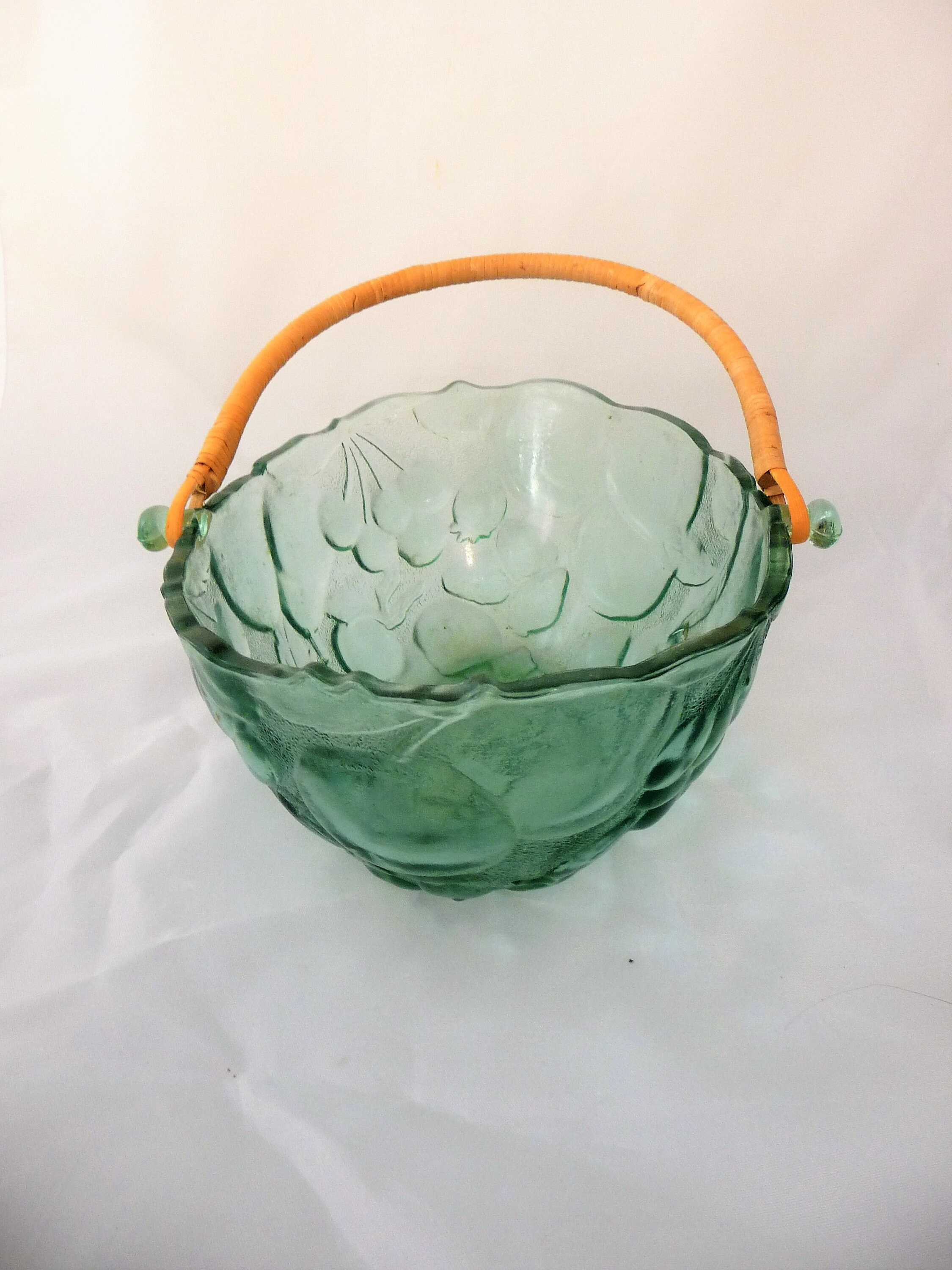 Vintage GREEN GLASS BASKET Bowl With Wicker Handle Art Deco Etsy
