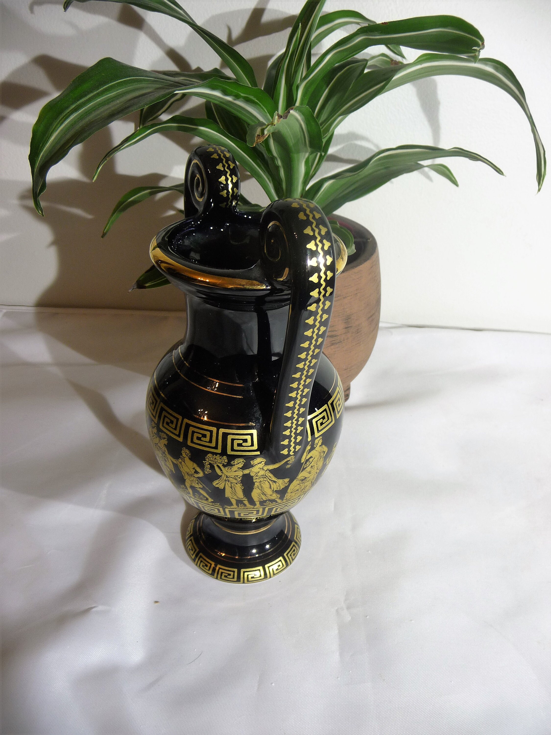 Vintage GREEK VASE 24K Gold Greek Scene Two Curled Handles Etsy