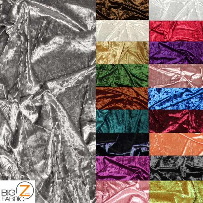 May include: A collection of 18 crushed velvet fabric swatches in various colors, including silver, white, red, purple, green, brown, blue, teal, black, pink, and orange. The fabric has a textured, crushed look.