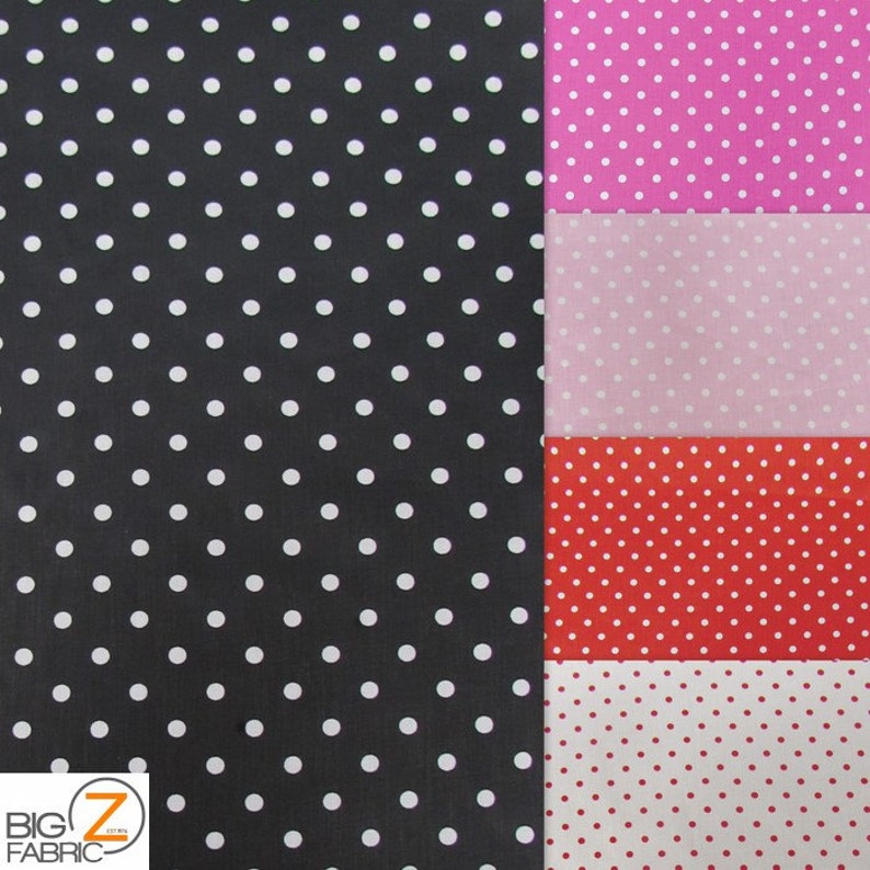 May include: Four fabric swatches with white polka dots on different colored backgrounds. The swatches are black, pink, light pink, and red.