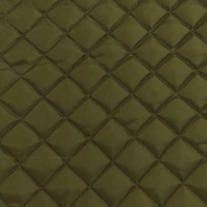 May include: Olive green quilted fabric with a diamond pattern. The fabric has a subtle sheen, and the stitching creates a raised, textured effect. The overall appearance is smooth and uniform, suitable for various sewing projects.