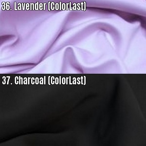 May include: Two fabric swatches, one lavender and one charcoal. The swatches are folded and show the texture of the fabric. The text "36. Lavender (ColorLast)" is above the lavender swatch and the text "37. Charcoal (ColorLast)" is above the charcoal swatch.